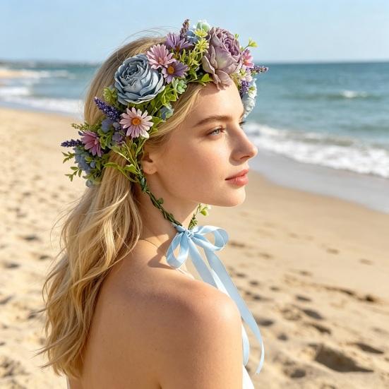 Bridal Headband Artificial Flower Decor Ribbon Lace-up Garland Wedding Ceremony Headband Weddings Travel Fairy Hair Garland Hair