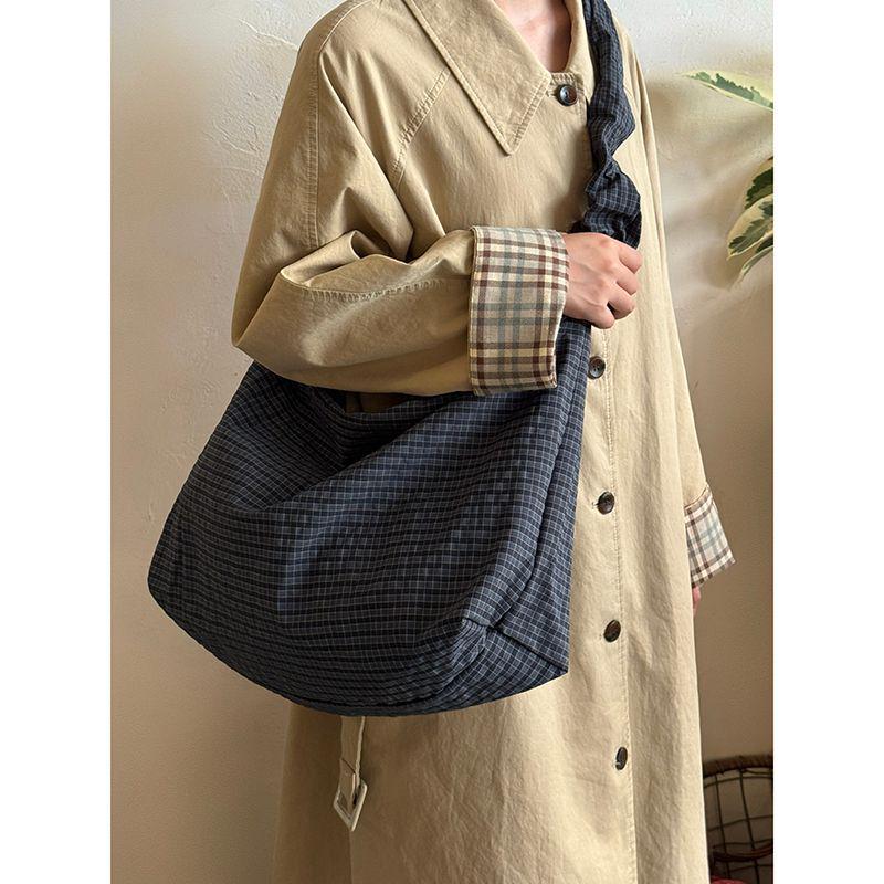 2025 Korean Retro Plaid Canvas Drawstring Tote - Large Commuter Shoulder/Crossbody Bag