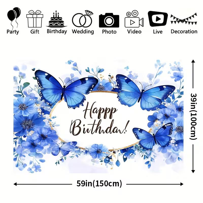 2D Flat Blue Butterfly Birthday Banner Watercolor Floral Happy Birthday Backdrop for Party