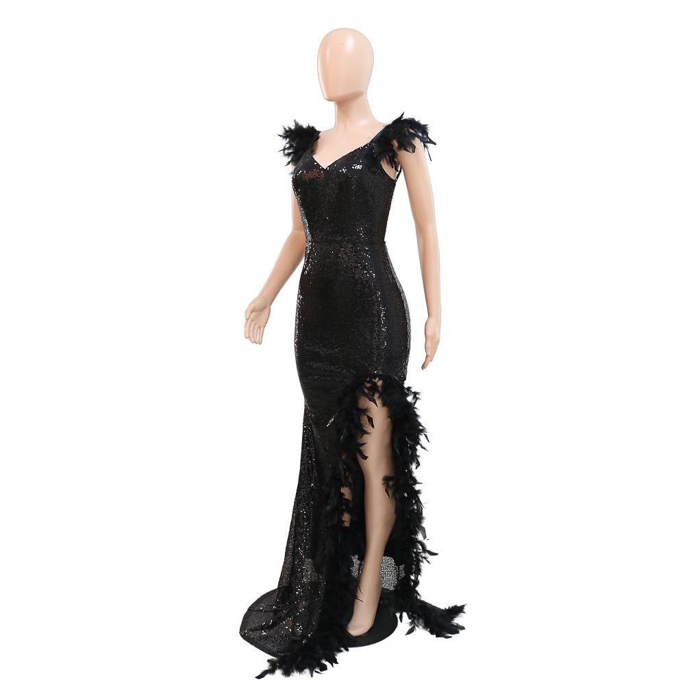 European & American Sexy Feather Sequin High Slit V-Neck Open Back Party Dress