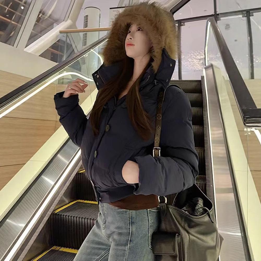 Hair collar hooded winter down cotton clothes women's winter new bread clothes thickened loose coat