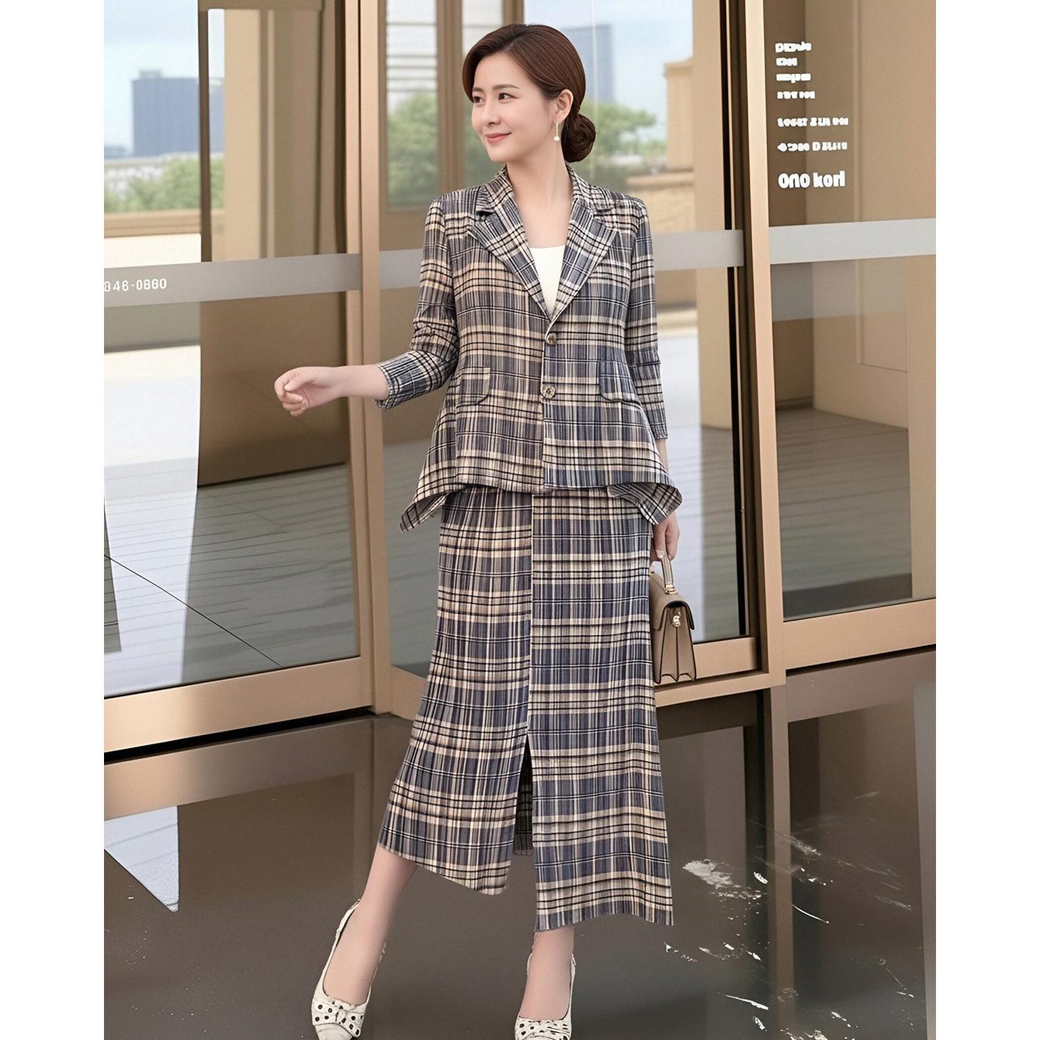 

Women s Spring Two-Piece: Lapel Jacket & Pleated Top, Luxurious Korean Style, Issey Miyake-Inspired Pleats One Size, fits 90-160 lbs серый/синий
