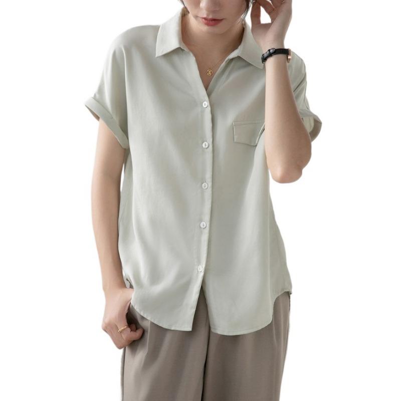 GMXIA Women's Summer White Short Sleeve Shirt Women's Thin Small V-Neck Blouse Loose Draped Career Tops