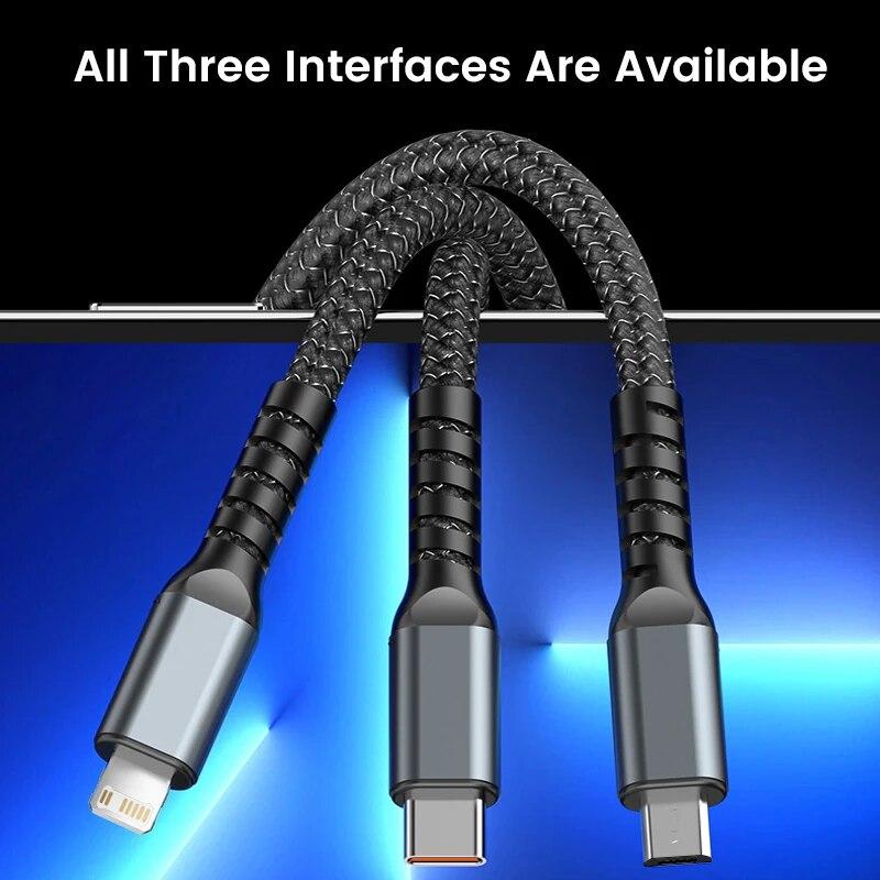 100W 5A 3 in 1 1,2 m Schnellladekabel Micro-USB Typ C Lightning-Kabel für iPhone Samsung Huawei Xiaomi Handy-Ladegerät USB C Datenkabel