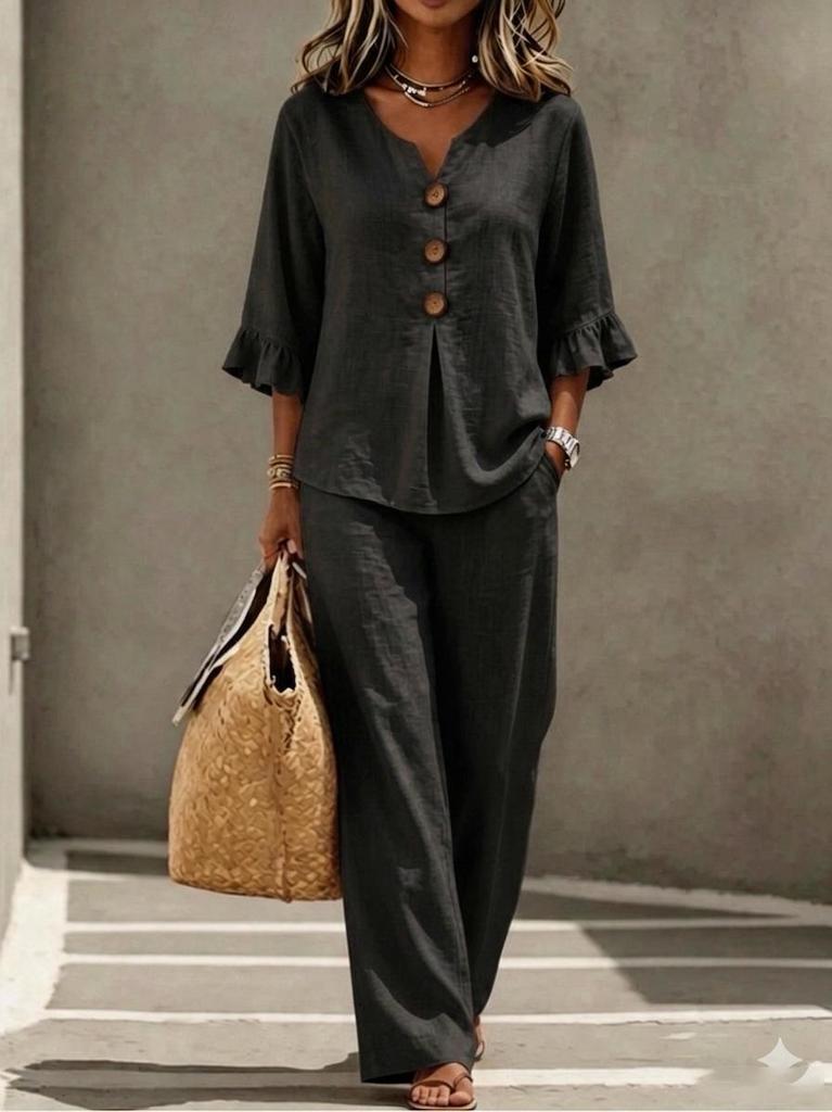 Women's Casual V-neck Ruffle Top & Pants Set with Seven-Sleeve Design