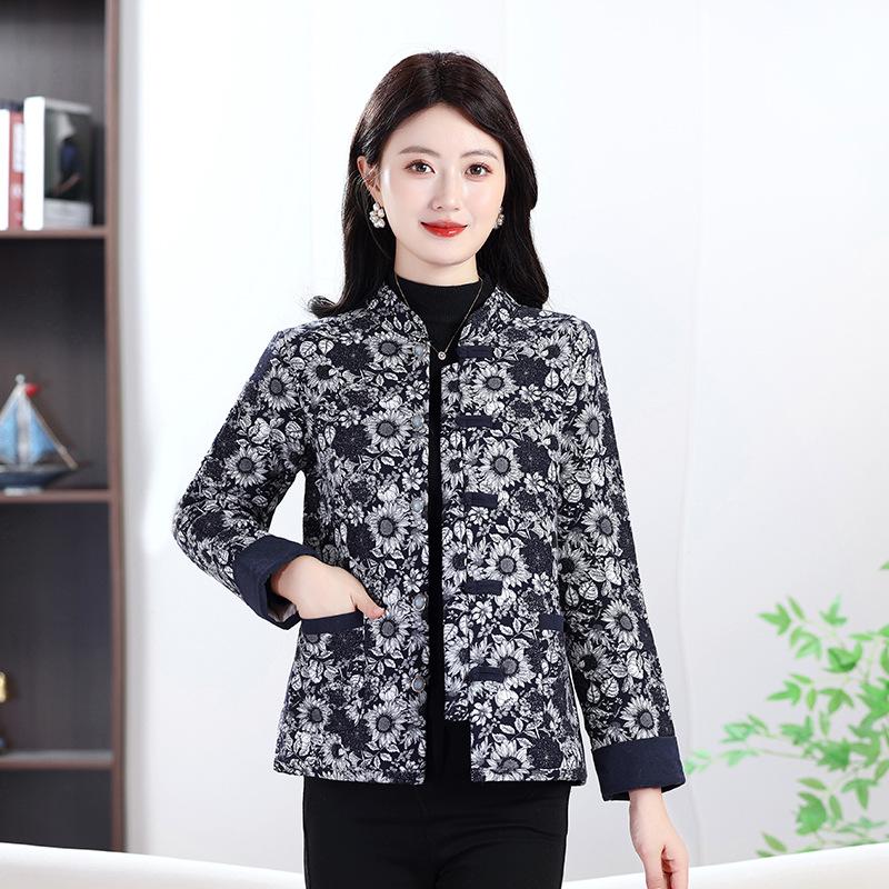 Dámská bunda slim fit ze směsi bavlny: Podzimní/Zimní Národní Styl, Hřejivý Kabát pro Matky Středního Věku a Starší s Plus Sametem.