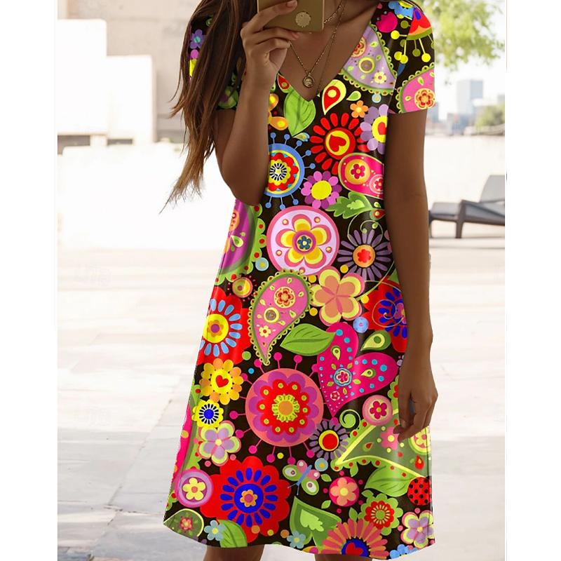 Letní móda Dámské šaty s výstřihem do V a krátkým rukávem s retro potiskem Sexi krátké sukně Šaty