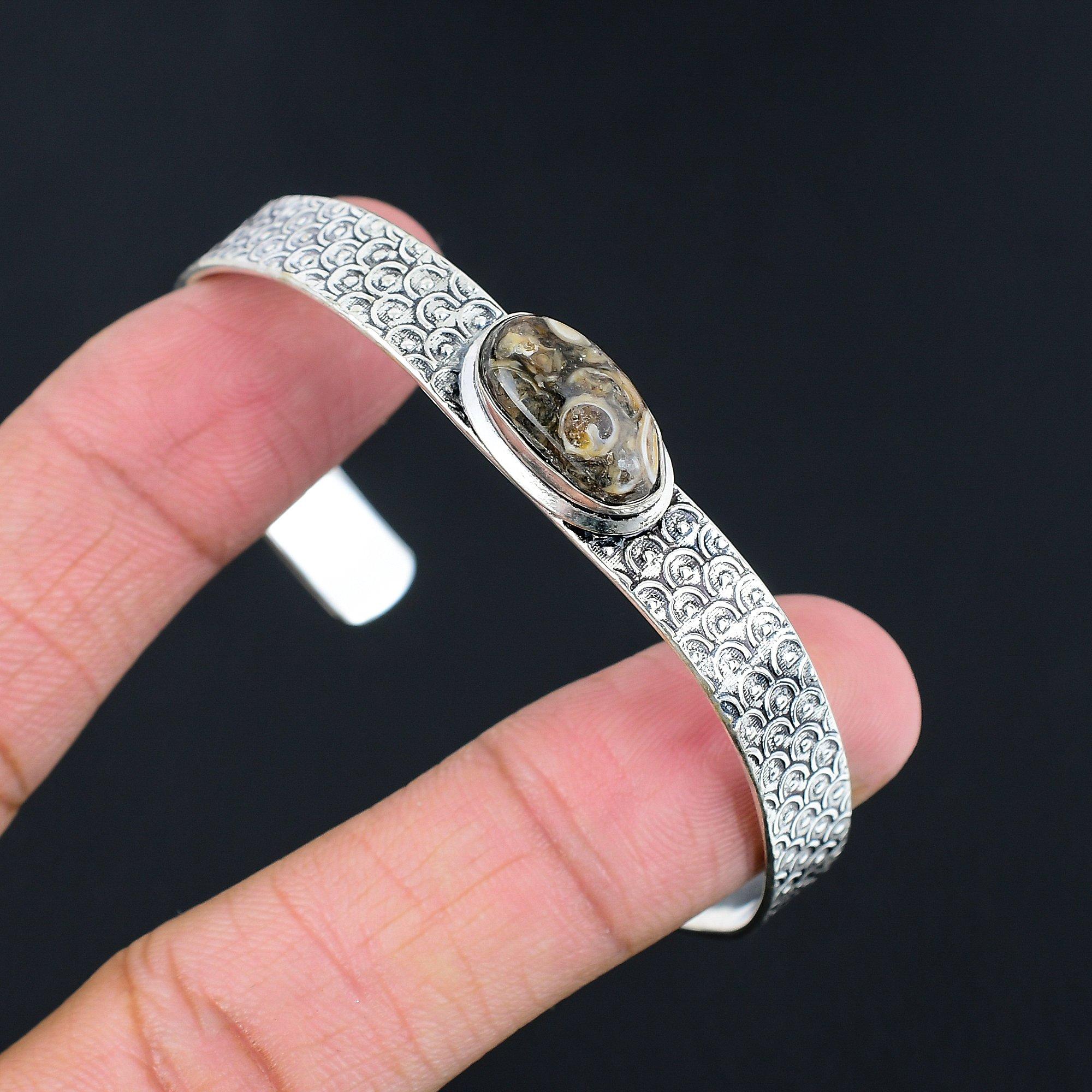 

925 Silver Oval Natural Turritella Agate Ethnic Trendy Wife New Bangle Jewelry Adjustable