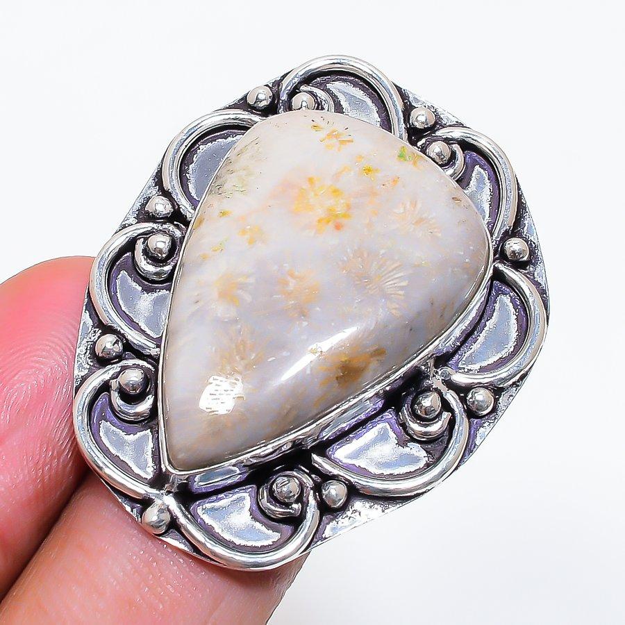 Natural Fossil Coral Gemstone 925 Sterling Silver Jewelry Ring Size 9 ZS-950