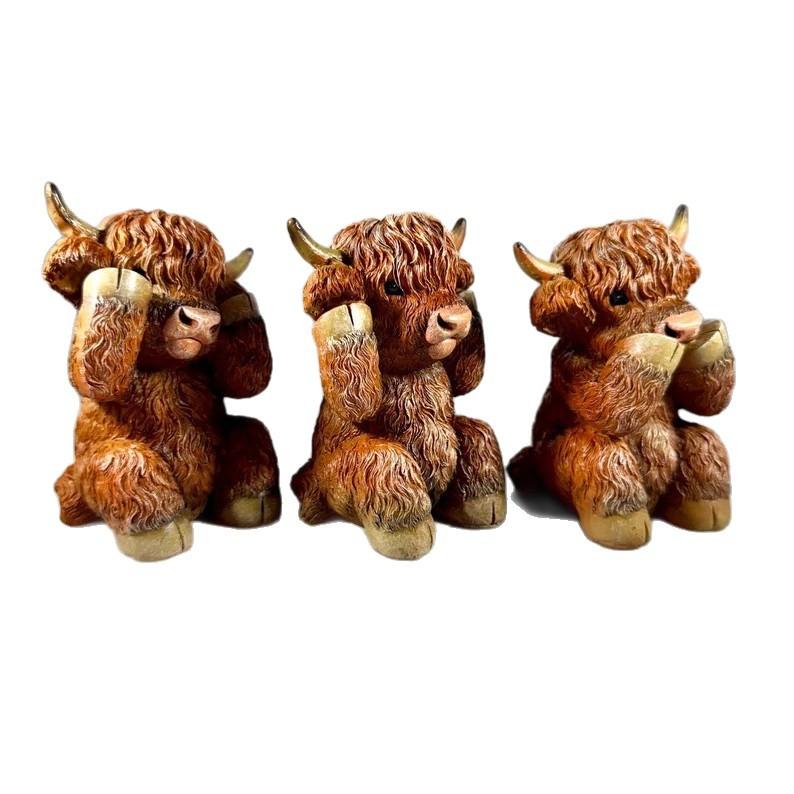 New resin statue ornament, cute and creative decoration, don't listen, don't look, don't say Highland cow desktop decoration