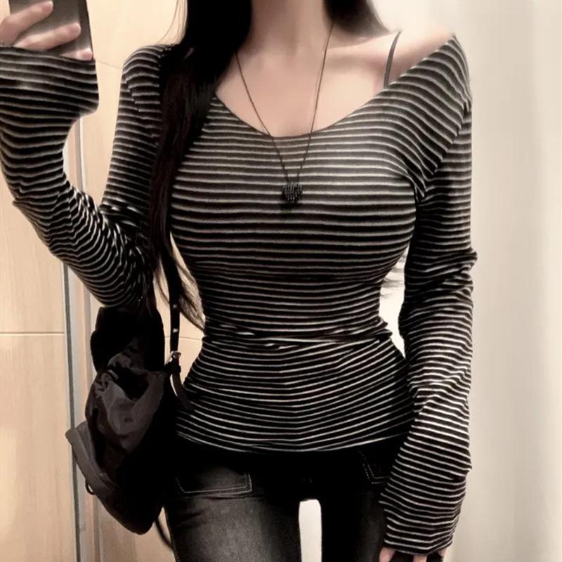 Women's Striped Off-the-Shoulder Slim Fit See-Through Long Sleeve T-Shirt for Autumn/Winter