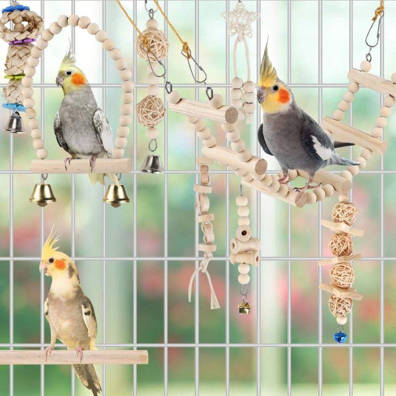 Bird Parrot Swing Toys, Chewing Standing Hanging Perch Hammock Climbing Ladder Bird Cage Toys for Budgerigar, Parakeet, Conure, Cockatiel, Mynah