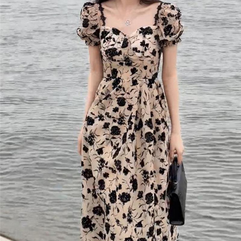 Hong Kong Style Floral Hepburn Dress: High Waist, Unique Tea Dress