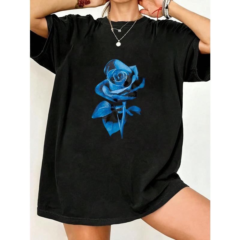 Oversized T Shirt Black Blue Rose Print Casual Wear For Women Summer Outfit Street Style Fashion Top