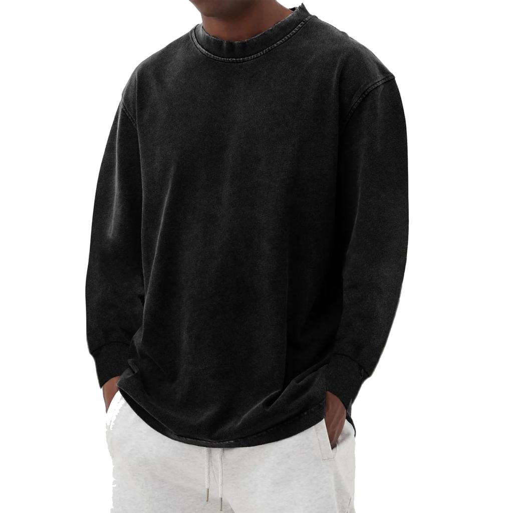 Men's And Women's Casual High-weight Washed Distressed Long-sleeved Men's Off-the-shoulder Retro Loose Round-neck Cotton Top