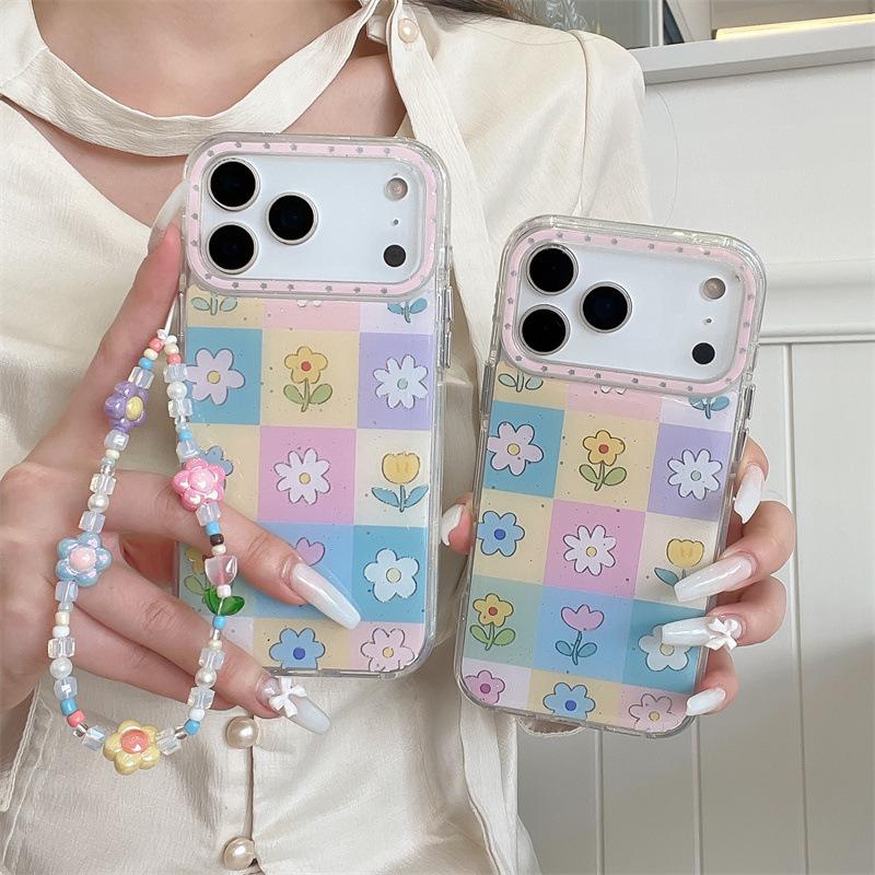 Spring Floral Grid Chain Phone Case for iPhone 17/16 Pro Max/15 Pro