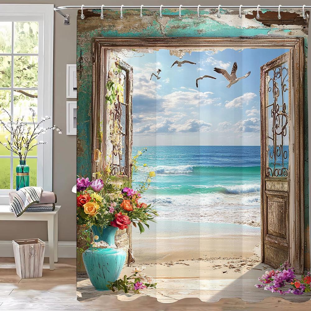 

Seaside Beach Flower Scenery Print Waterproof Shower Curtain Partition Privacy Hanging Curtain With 12 Hooks Machine Washable W60H190(CM)-1 Pcs