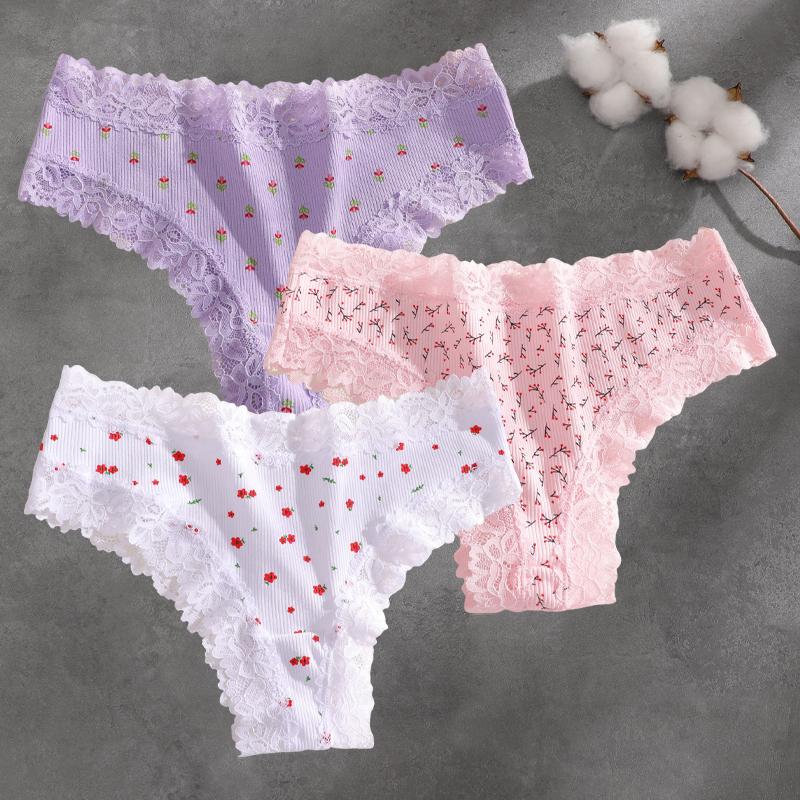 FINETOO 3Pcs Cotton Lace Patchwork Bikini Panties Women Seamless Floral Print Brazilian Pants Low Waist Breathable Female Sexy Lingerie