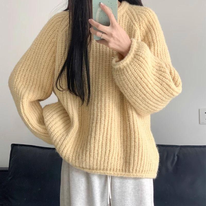

Autumn Winter Women s Cream Yellow Sweater Loose Slimming Lazy Style Outer Wear Knit Crew Neck Pullover Top S