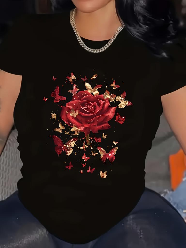 Großformat Damen Rose Blumenmuster Rundhals T-Shirt Bequem Maschinenwaschbar Ganzjahres Freizeit Oberteil