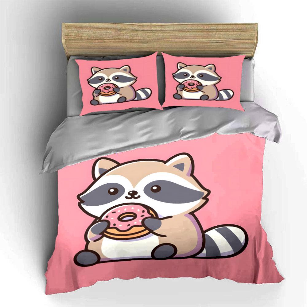 3Pcs Cute Raccoon Holding Pink Donut Duvet Cover Set With 3D Printing Design Soft Polyester Bedding Set All-Season Comfort