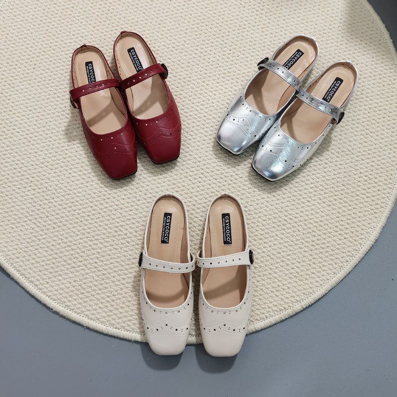 

French Everyday Versatile Mary Jane Half Tow Brock Vintage Cool Slippers Women s Lazy Flat Mueller Shoes 40 абрикосовый