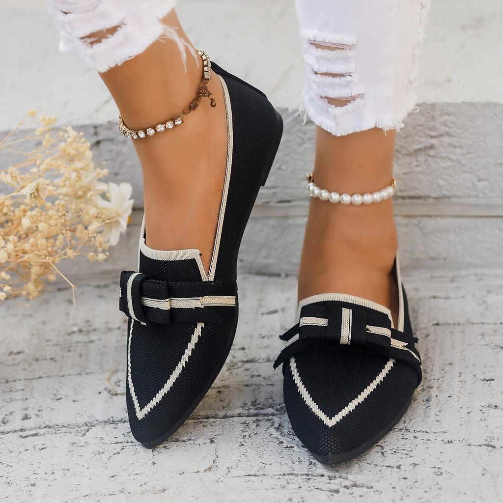 Bowknot Decor Women Loafers Breathable Knitted 2024 Autumn Soft Bottom Pointed Toe Slip On Ballet Flats Woman Solid Casual Shoes