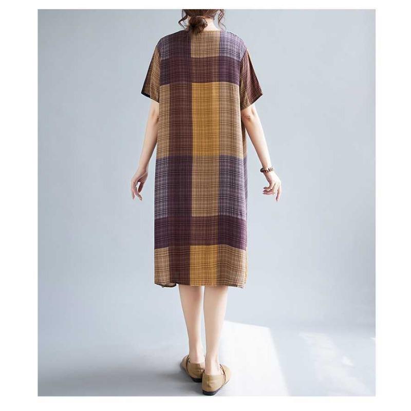 Summer Women's Literary Small Lapel Plaid Floral Dress Short Covered Flesh Skinny Skirt
