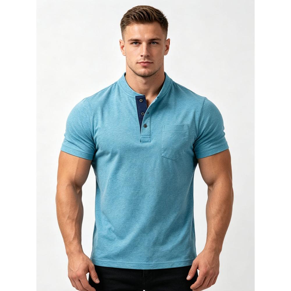 Men's 95% Cotton Henley Shirt Short Sleeve - Casual Button Neck T-Shirt with Pocket - Soft Breathable Summer Top