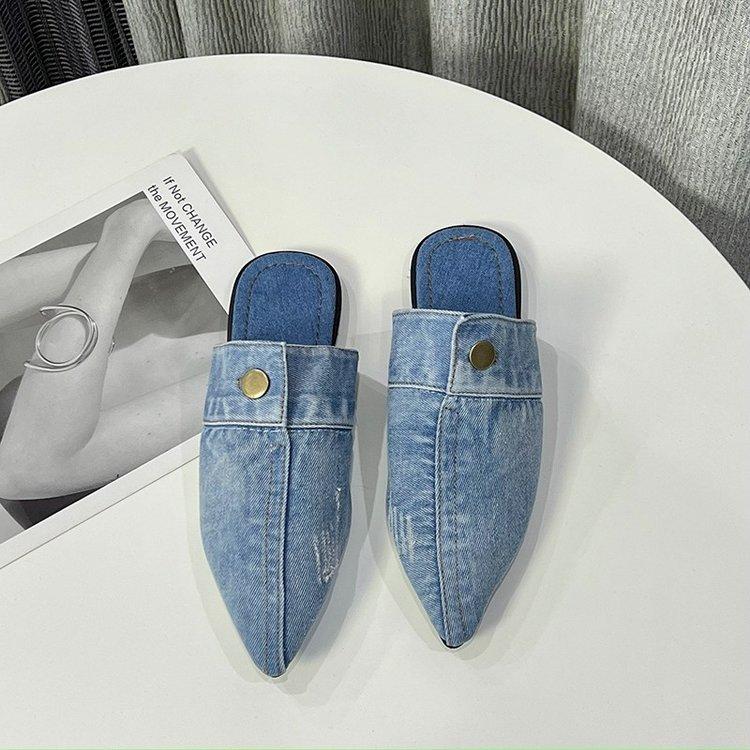 Fashion 2025 Super New Pointed Toe Denim Flat Bottom Half Slippers Women Fashion Outer Wear Shoes Large Size 43 Flip Flops Chanclas