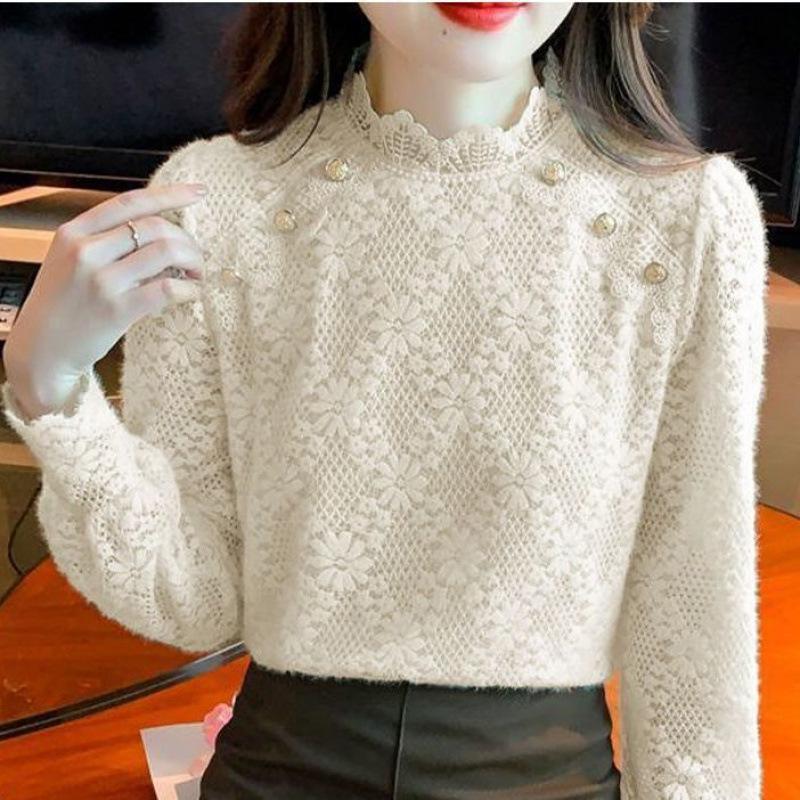 Herbst- und Winter-Flock-Spitzen-Pullover, Damen-Halbhoher Kragen Fleece-Basisschicht, Stilvolle Damen-Innenschicht, Damen-Oberteil