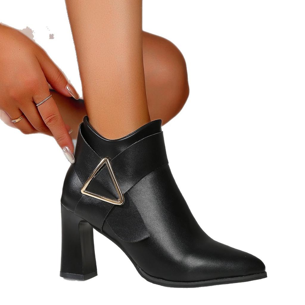 Foreign Trade Pointed High-heeled Fashion Boots Women's 2025 Autumn New Large-size Side Zipper Metal Decorative Short Boots