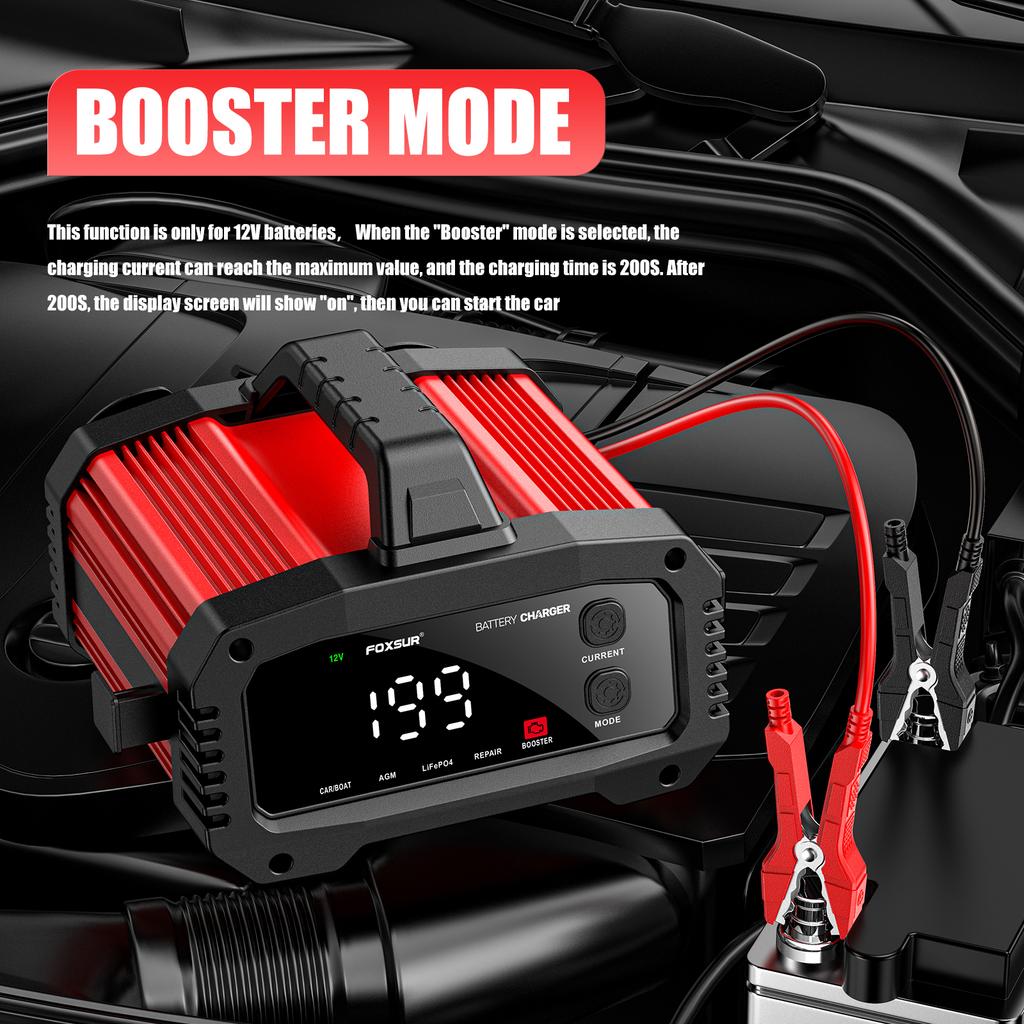 12V 24V FOXSUR FPT-250 Car Battery Charger For Car Motorcycle Truck High-Power Booster Pulse Repair for Lead-Acid AGM LiFePo4