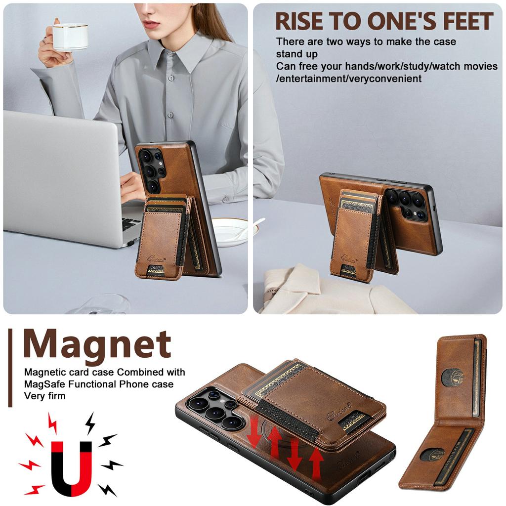 SUTENI H17 For Samsung Galaxy S25 Ultra Magnetic Case Card Slots Leather + TPU Kickstand Phone Cover