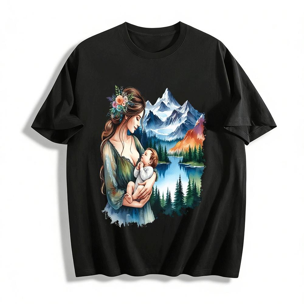 Warm Mother And Baby Print Long Sleeve Top Mountain Lake Pure cotton T-shirt XXS
