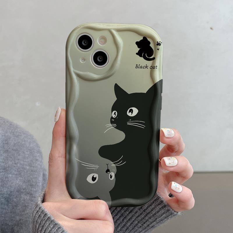 Cute Mobile Phone Case Black Cat for Cream for Apple16pro/ for IPhone15Promax Cat for Creative17