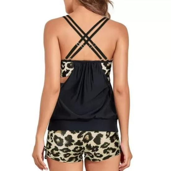 2Pcs/Set Women Swimsuit Set Double Tying Vest Leopard Print High Waist Shorts Set Beach Pool Bikini Set