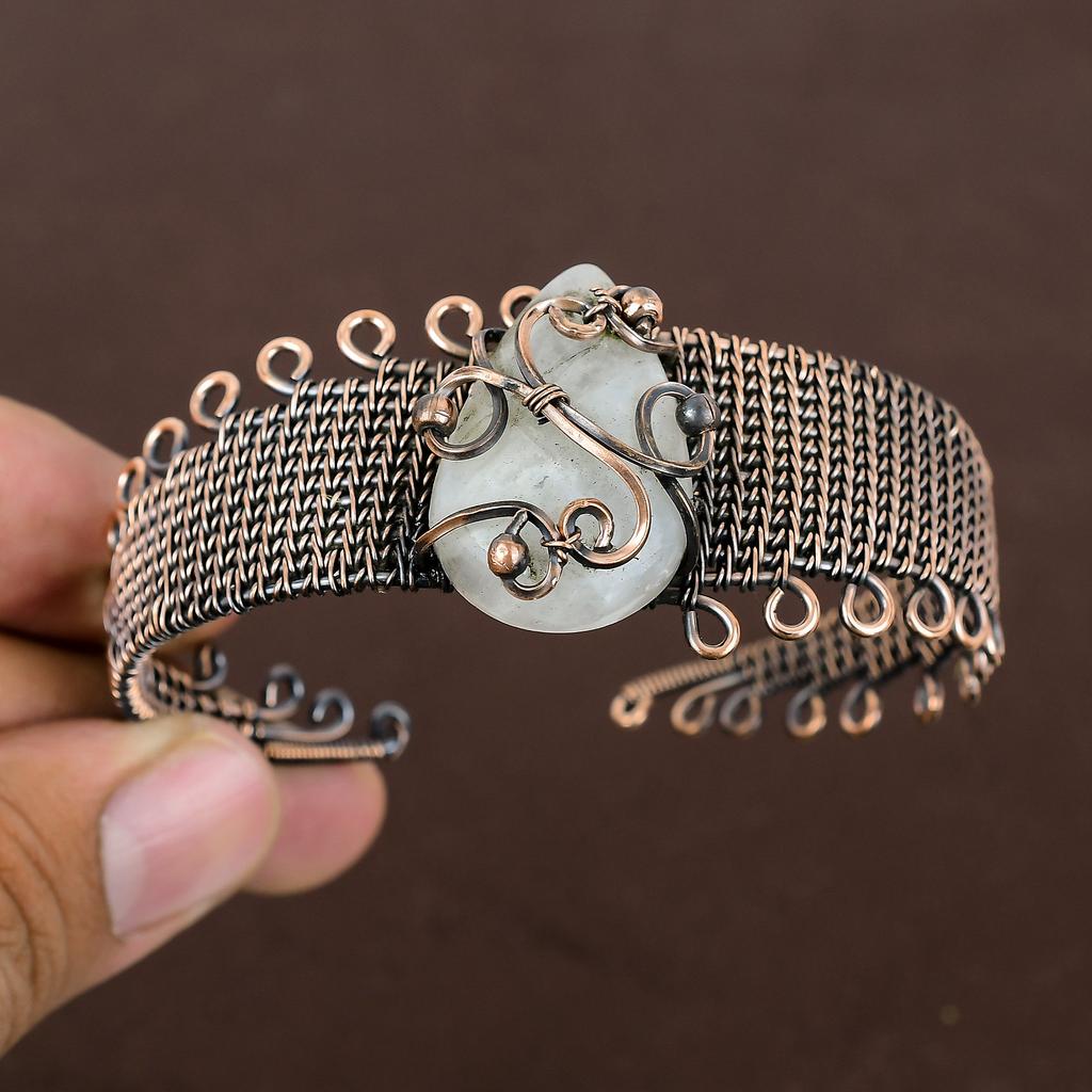 Natural Rainbow Moonstone Handmade Copper Wire Wrap Bangle Adjustable E5i26