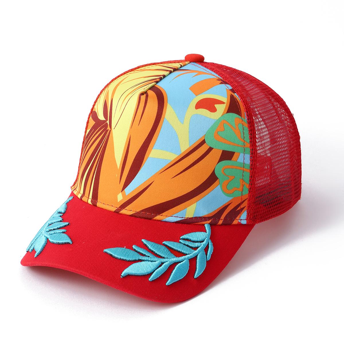 Casquette de baseball en maille à motif tropical, brodée de feuilles aux couleurs riches. Convient aux hommes et aux femmes, Plage, Activités de plein air One Size orange