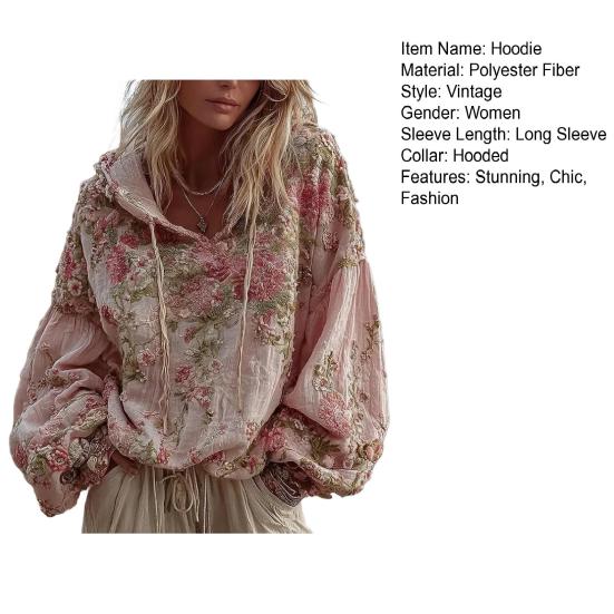 Women's Floral Print Patchwork Hoodie Oversized Vintage Pullover Sweatshirt Fall Casual Long Sleeve Hooded Outfit