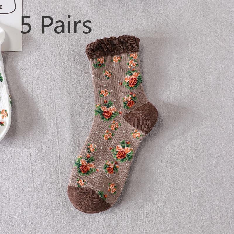 

5 пар женских тонких носков для весны и лета в стиле ретро, этническом стиле, с цветами и другими узорами 5 Pairs кофейный