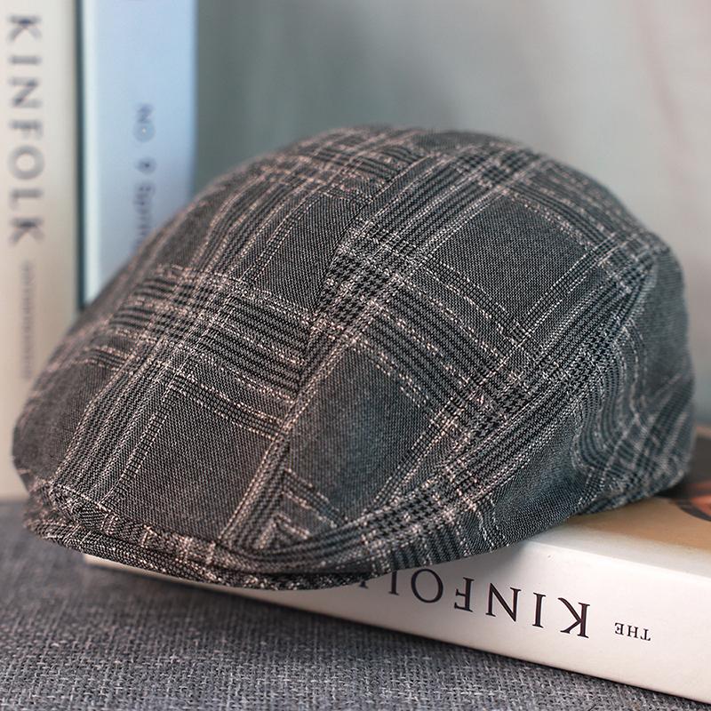 

Gray Plaid Newsboy Hat Linen Cotton Womens Mens Ivy Cap Cabbie Driver Hat Spring Autumn Flat Hats Vintage Gatsby Beret A-33 S 54-56CM темно серый