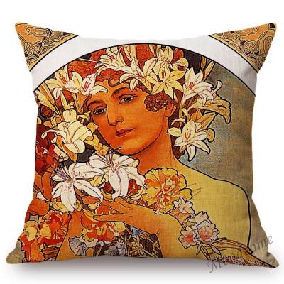Vintage European Art Nouveau Mucha Gallery Decorative Sofa Pillow Cover Beautiful Beauty Girl Cotton Linen Luxury Cushion Cover