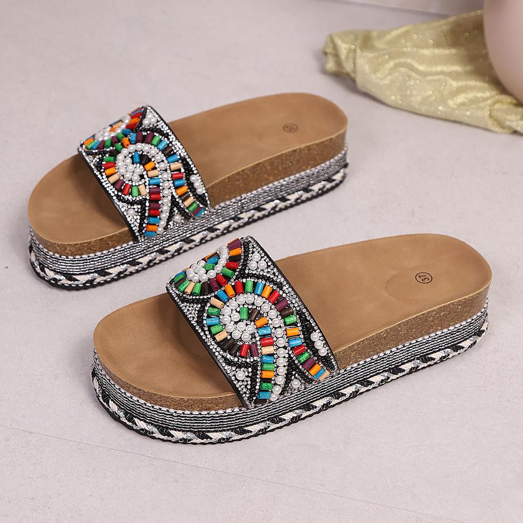 Damen Pantoffeln Plateau Sommerschuhe für Damen 2026 Neue Strand Sandalen Lässige Sandalen Bohemian Handgemachte Pantoffeln Damen Schlappen Damen