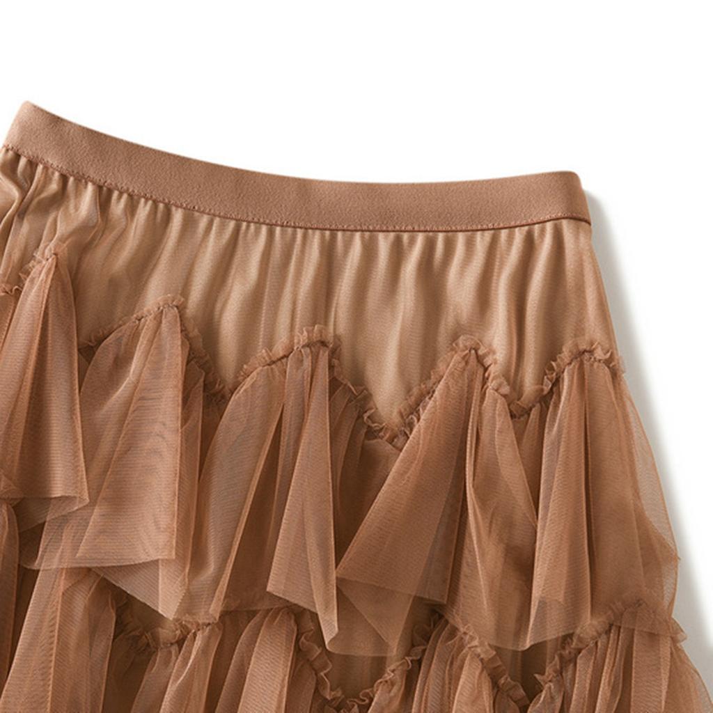 Women's Fashion Casual Solid Color High Waist Ruffle Splicing Mesh Half-body Skirt