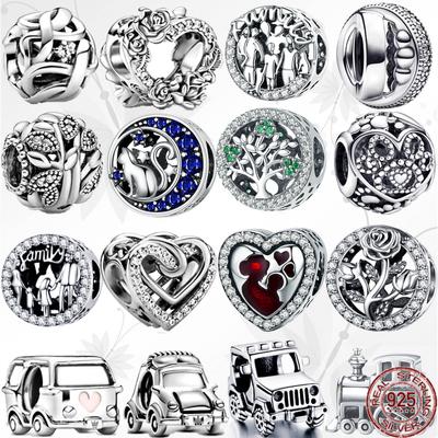 DIY Šumivý rodokmen Růžové květy Car Heart Charm 925 Sterling Silver Korálky Fit Originální módní náramek Jemný šperk