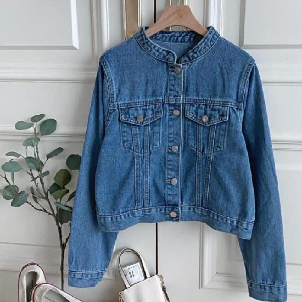 New Arrivals Open Run Women Henry Neck Slim Fit Spring Outer Denim Jacket Mid By