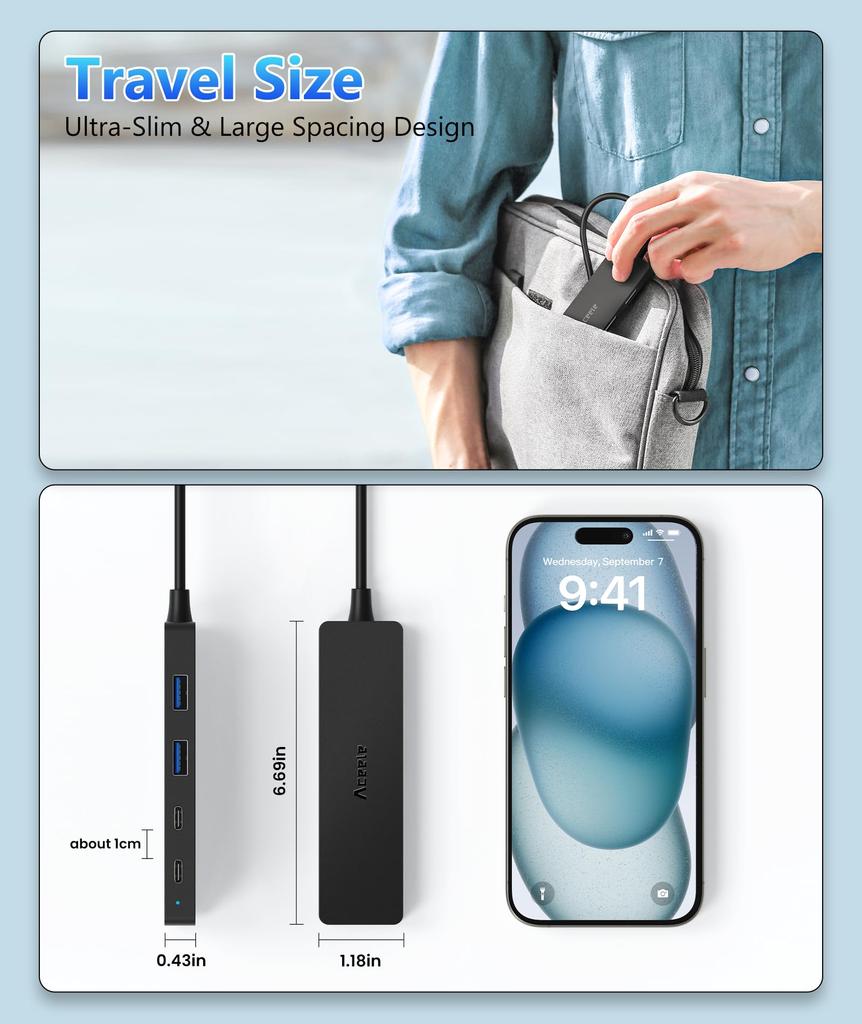 Aceele USB Hub with USB A 2 and 2 with Power Direct LED 5Gbps Data Compact and Compatible with Mac and Work from Home 5-Port 3.0, USB-A USB-C Ports,