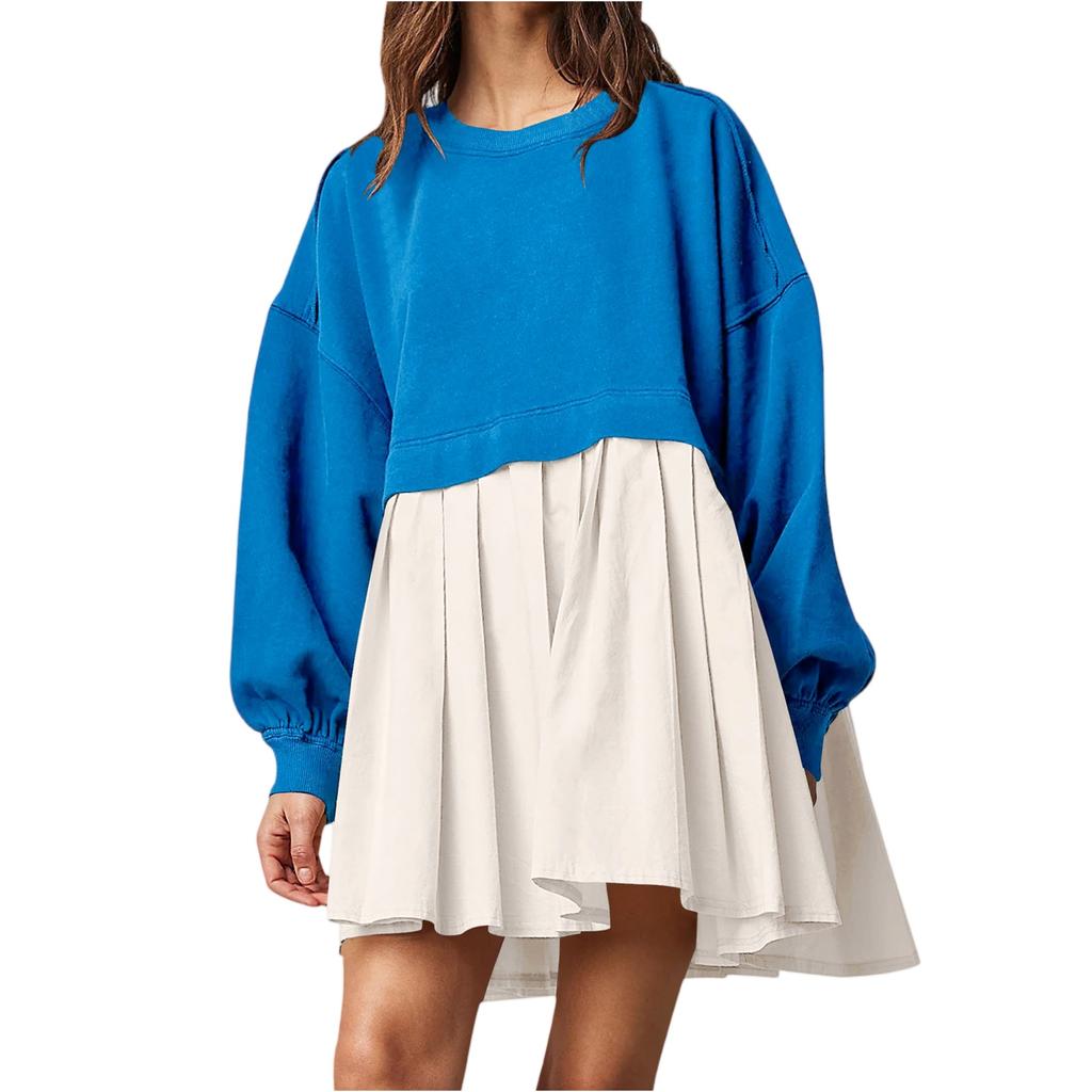 Women's Color Block Pleated Sweatshirt Dress Casual Loose Fit Two Piece