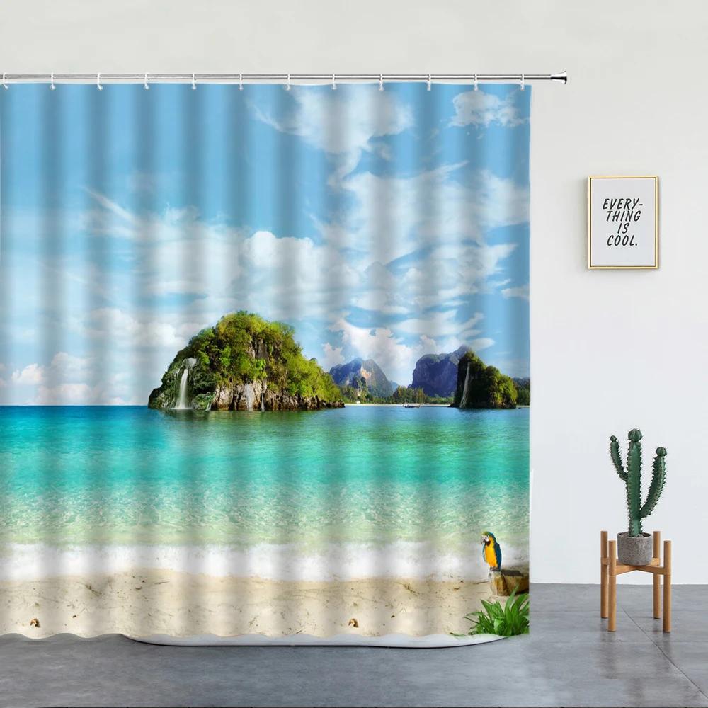 Beach Palm Trees Shower Curtains Sunset Island Hawaii Ocean Natural Landscape Polyester Bathroom Decor Cloth Bathtub Curtain Set